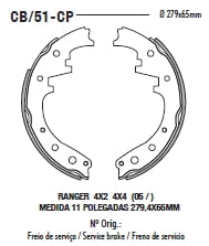 SAPATA DE FREIO-FORD - RANGER 2.8 05/12 (LARGA)
GM - S10/BLAZER 4.3 V6, 4X4 /12 (RODA 5F - LARGA)