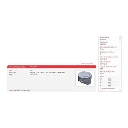 PISTAO - FIAT ARGO UNO MOBI 1.0 6V FIREFLY 3CIL APOS 2016 (PINO 18MM)